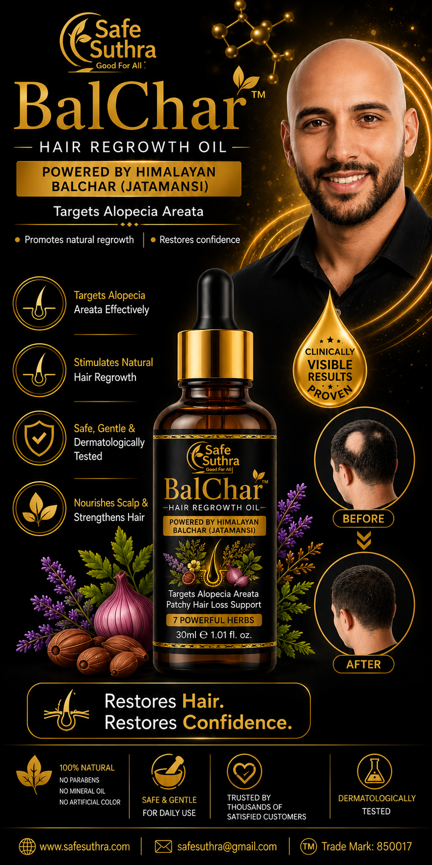 Balchar (Alopecia Areata) Hair Regrowth Oil by Safe Suthra 30ml
